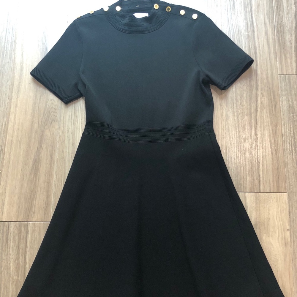Sandro black knit a-line dress with gold button